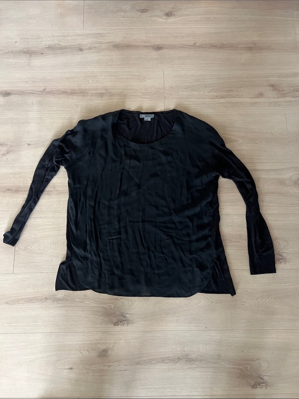 Vince Black Long-Sleeve Silk Blend Scoop Neck Top